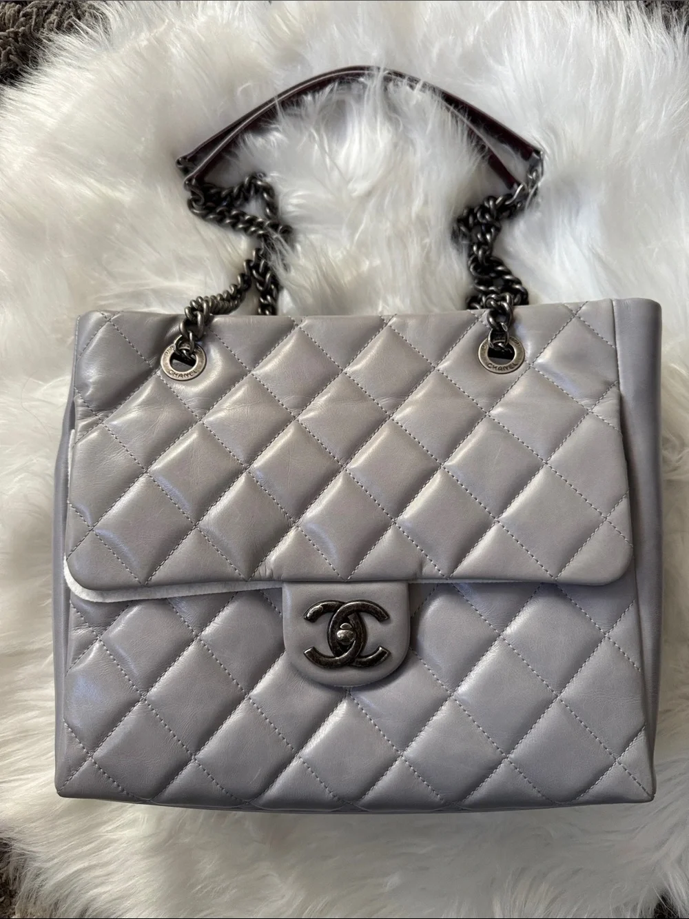 CHANEL Quilted Small Shopper in Light Blue/Grey with Gunmetal Hardware